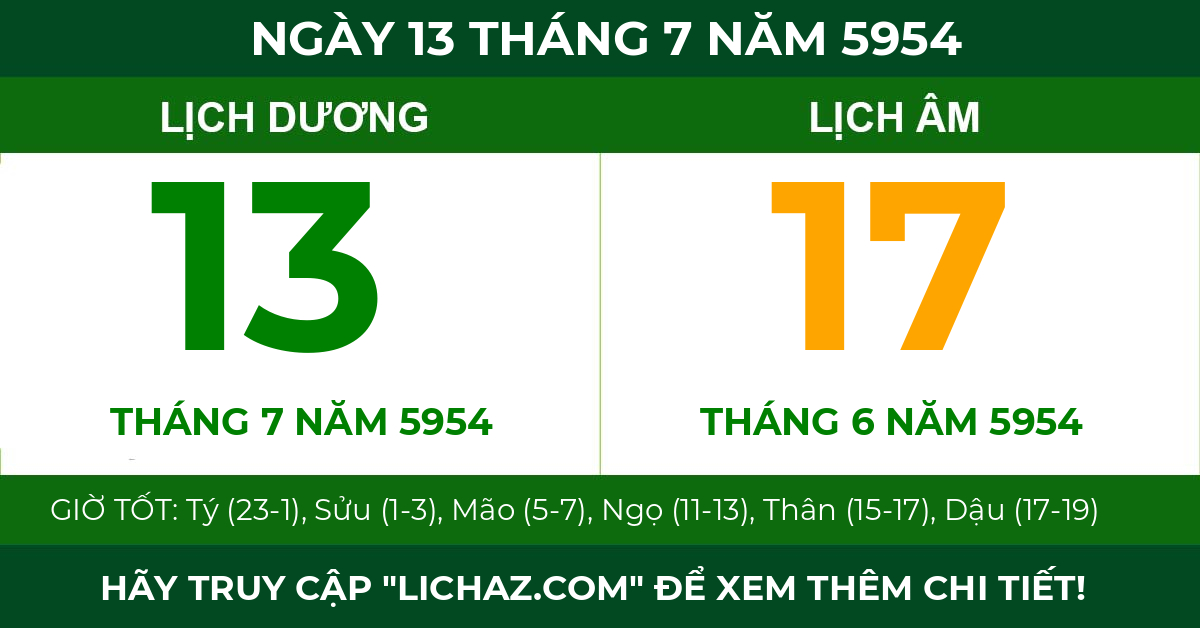 lịch âm ngày 13 tháng 7 năm 5954