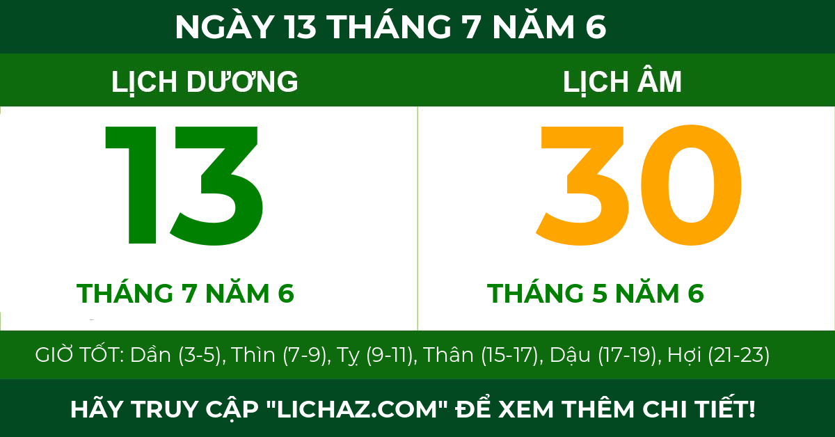 lịch âm ngày 13 tháng 7 năm 6