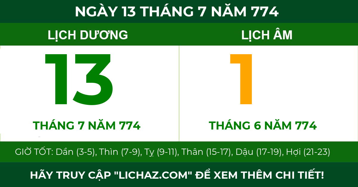 lịch âm ngày 13 tháng 7 năm 774