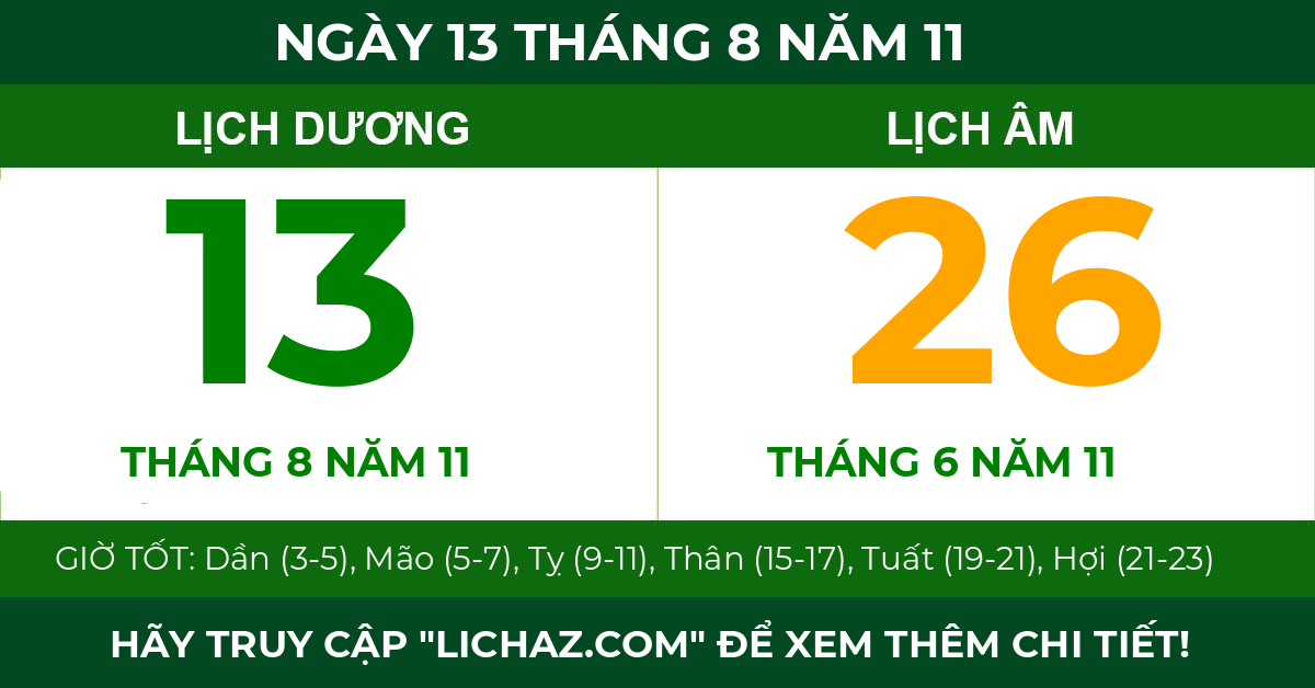 lịch âm ngày 13 tháng 8 năm 11