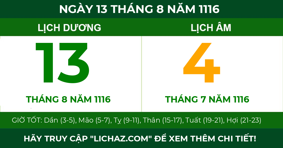 lịch âm ngày 13 tháng 8 năm 1116