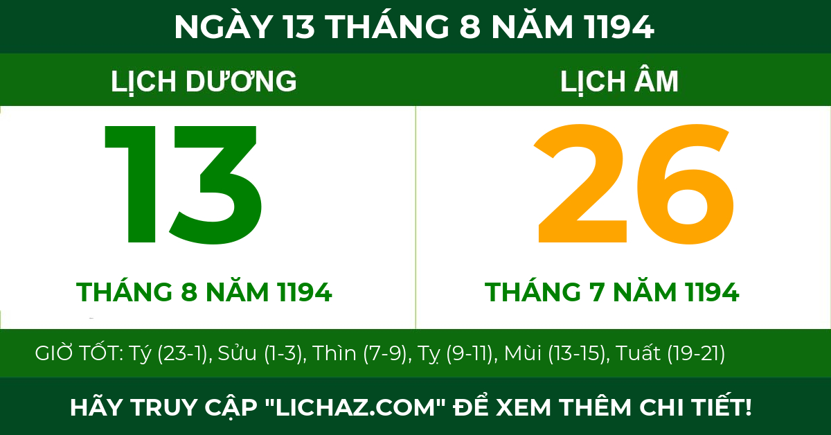 lịch âm ngày 13 tháng 8 năm 1194