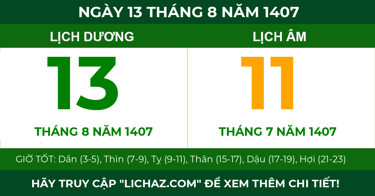 lịch âm ngày 13 tháng 8 năm 1407