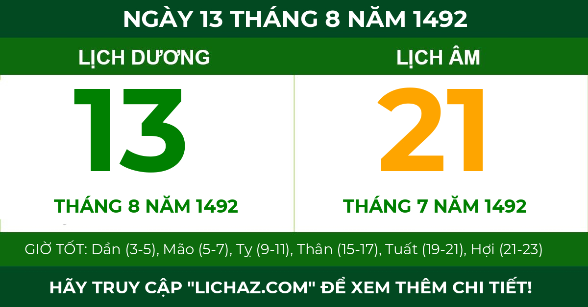 lịch âm ngày 13 tháng 8 năm 1492