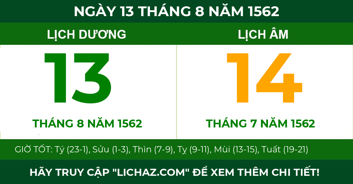 lịch âm ngày 13 tháng 8 năm 1562