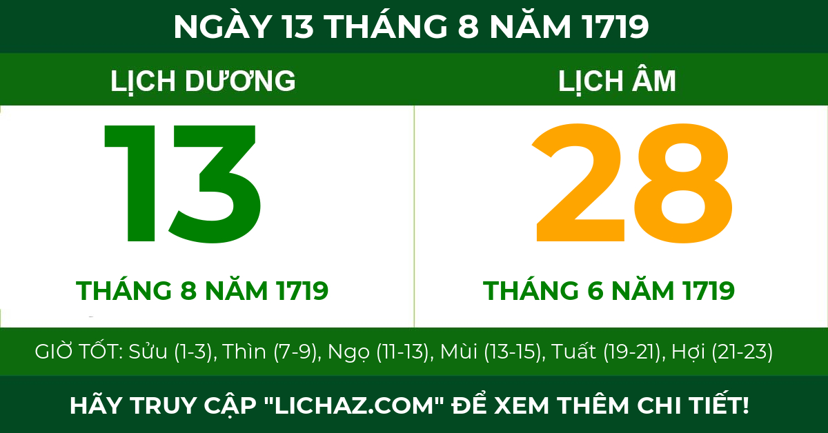 lịch âm ngày 13 tháng 8 năm 1719