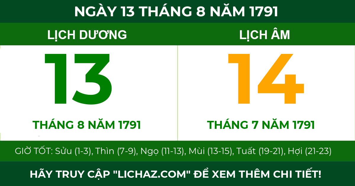 lịch âm ngày 13 tháng 8 năm 1791