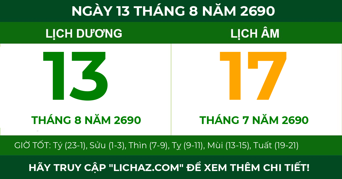 lịch âm ngày 13 tháng 8 năm 2690