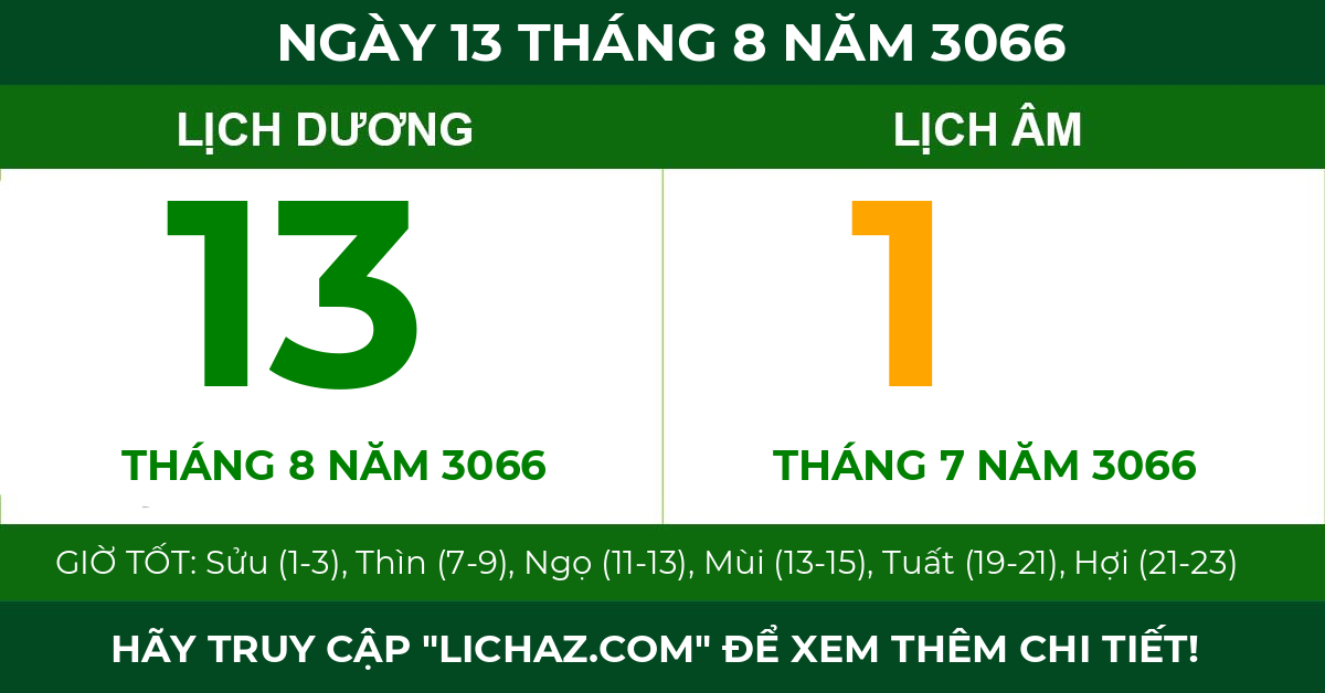 lịch âm ngày 13 tháng 8 năm 3066