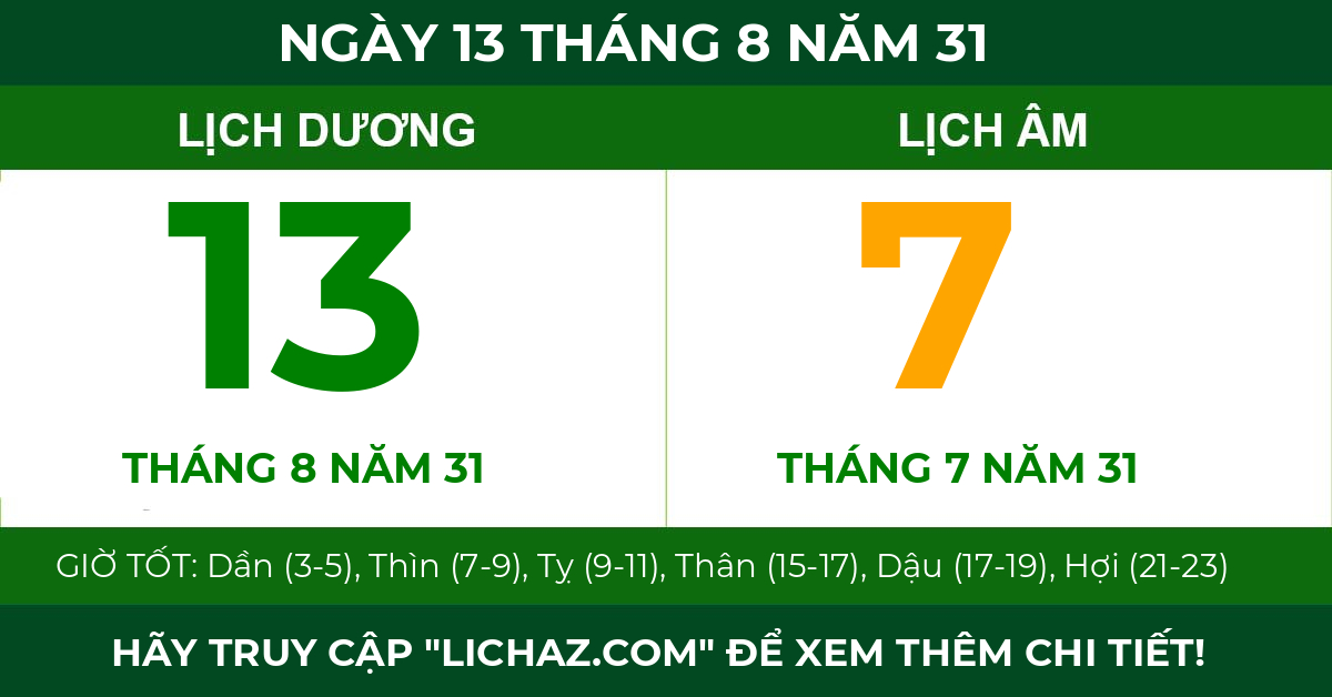 lịch âm ngày 13 tháng 8 năm 31