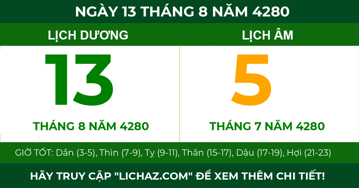 lịch âm ngày 13 tháng 8 năm 4280