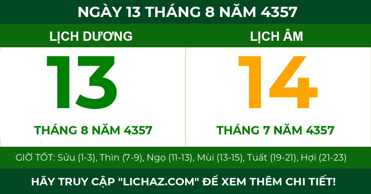 lịch âm ngày 13 tháng 8 năm 4357