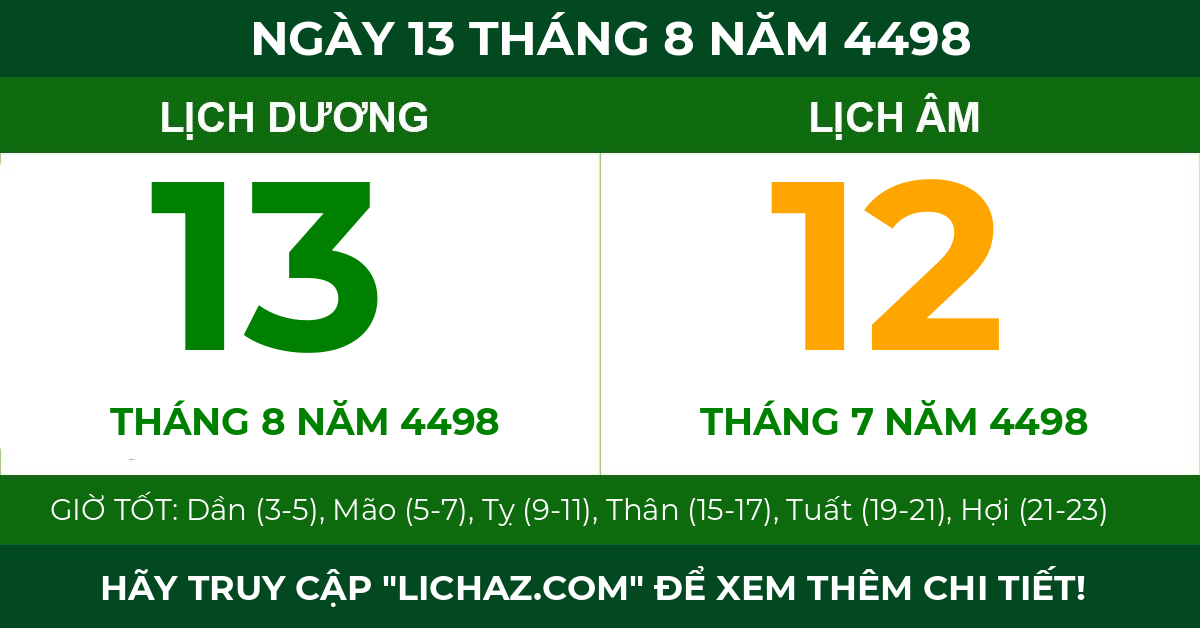 lịch âm ngày 13 tháng 8 năm 4498