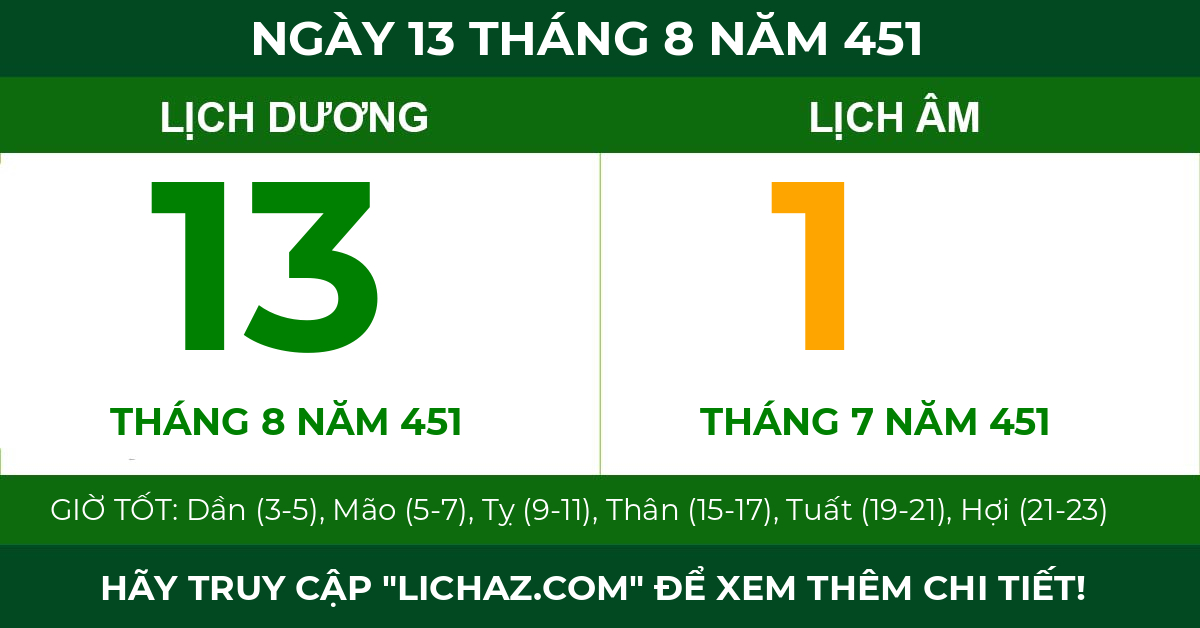 lịch âm ngày 13 tháng 8 năm 451