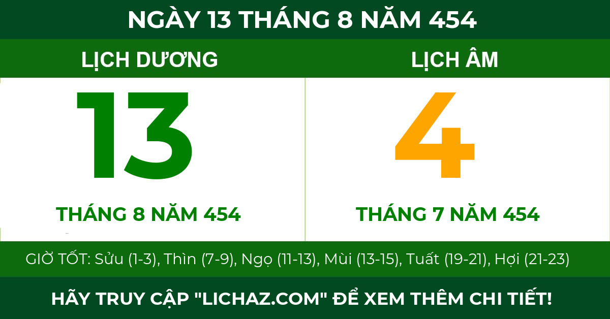 lịch âm ngày 13 tháng 8 năm 454