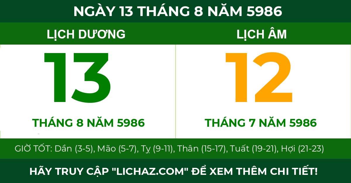 lịch âm ngày 13 tháng 8 năm 5986