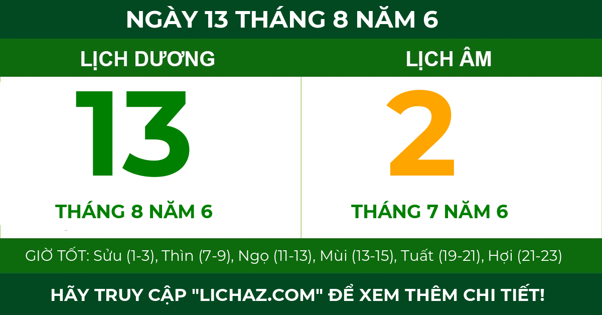 lịch âm ngày 13 tháng 8 năm 6
