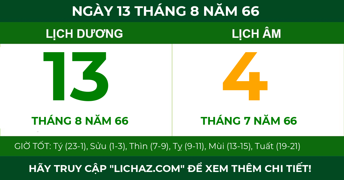 lịch âm ngày 13 tháng 8 năm 66
