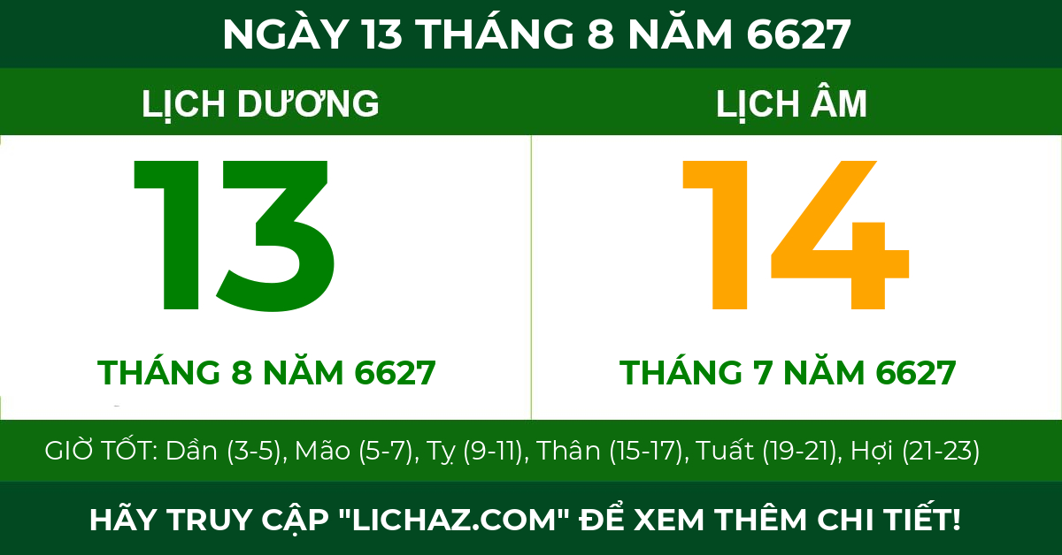 lịch âm ngày 13 tháng 8 năm 6627