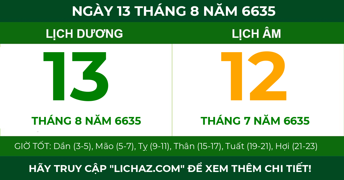 lịch âm ngày 13 tháng 8 năm 6635
