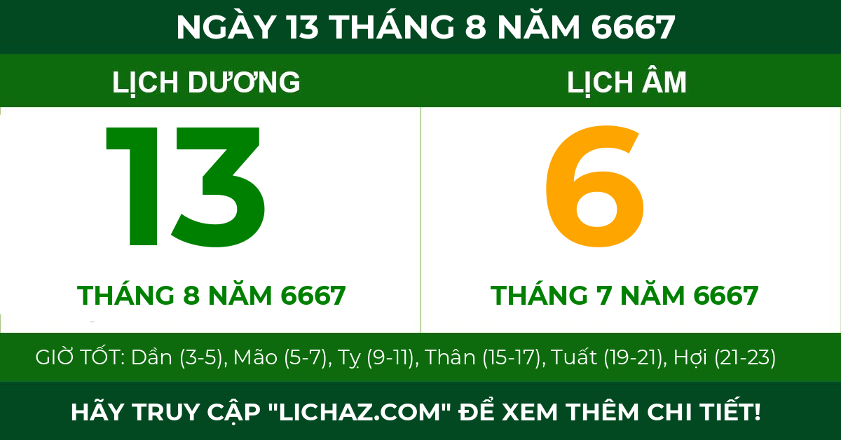 lịch âm ngày 13 tháng 8 năm 6667