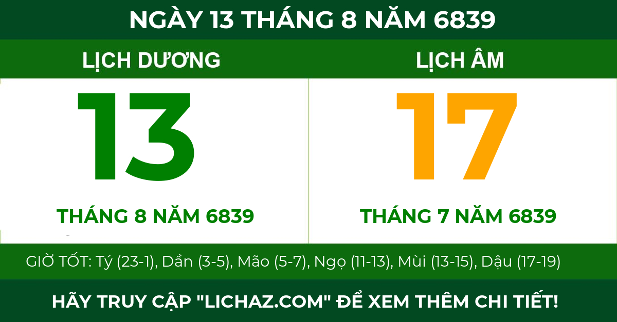 lịch âm ngày 13 tháng 8 năm 6839