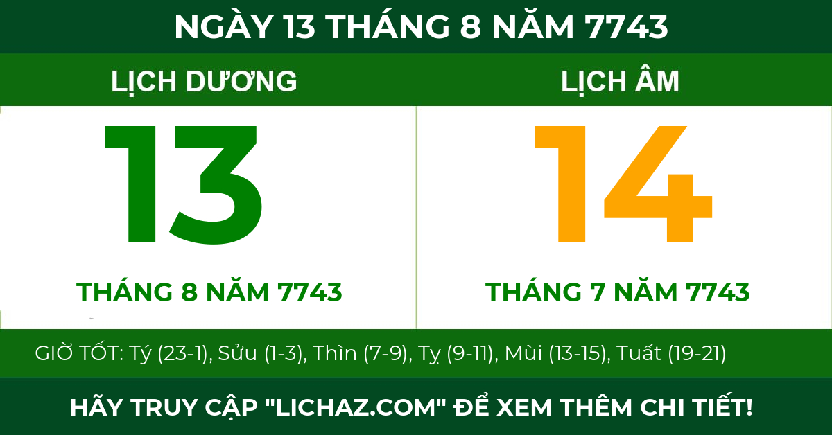 lịch âm ngày 13 tháng 8 năm 7743