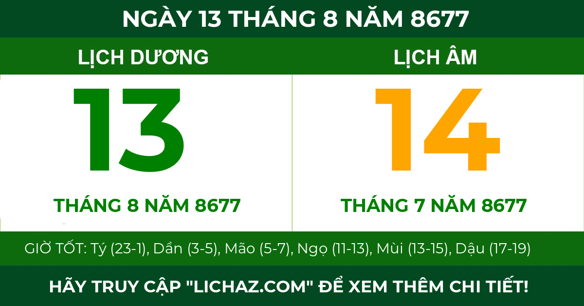 lịch âm ngày 13 tháng 8 năm 8677