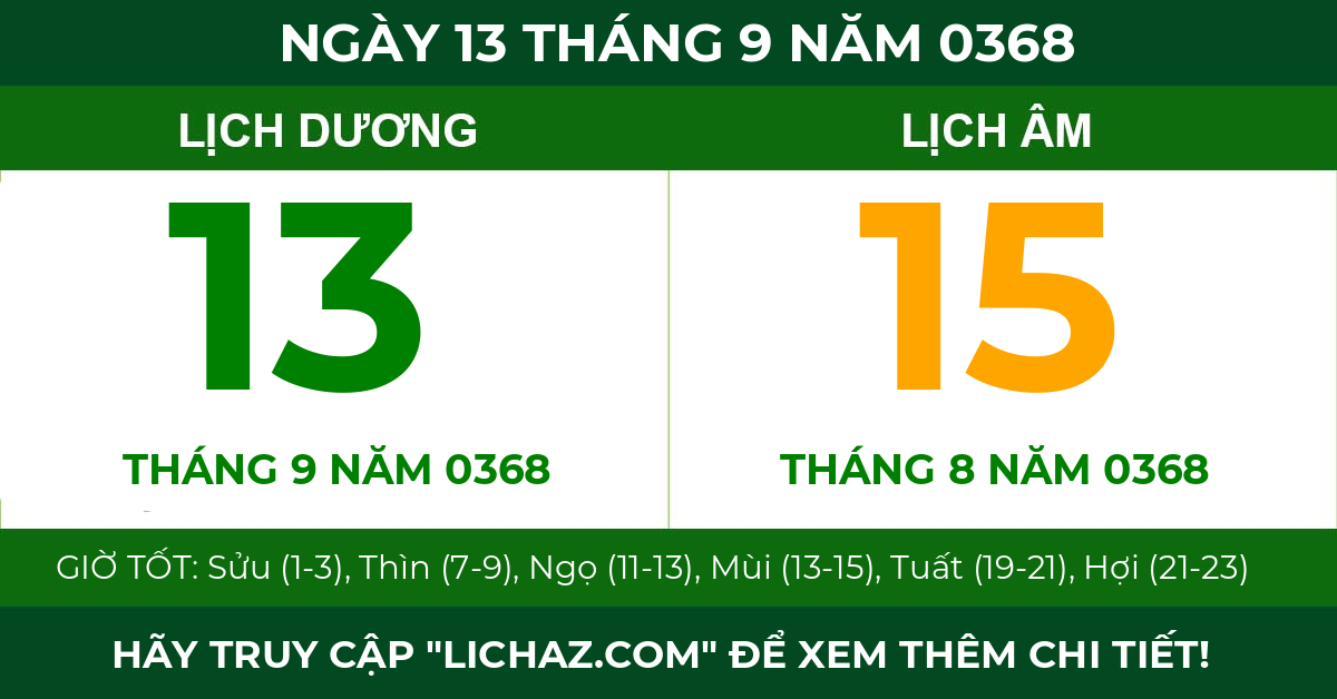 lịch âm ngày 13 tháng 9 năm 0368