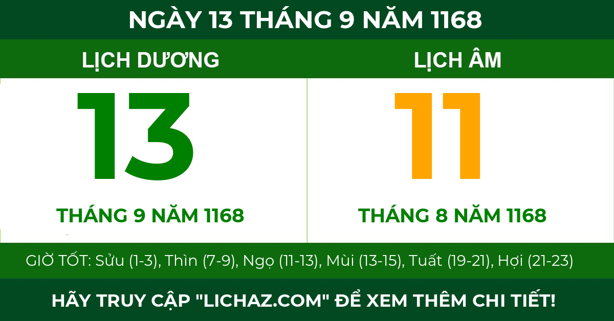 lịch âm ngày 13 tháng 9 năm 1168