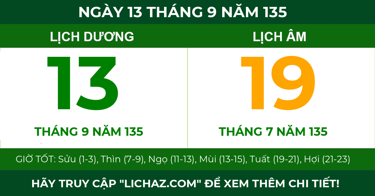 lịch âm ngày 13 tháng 9 năm 135