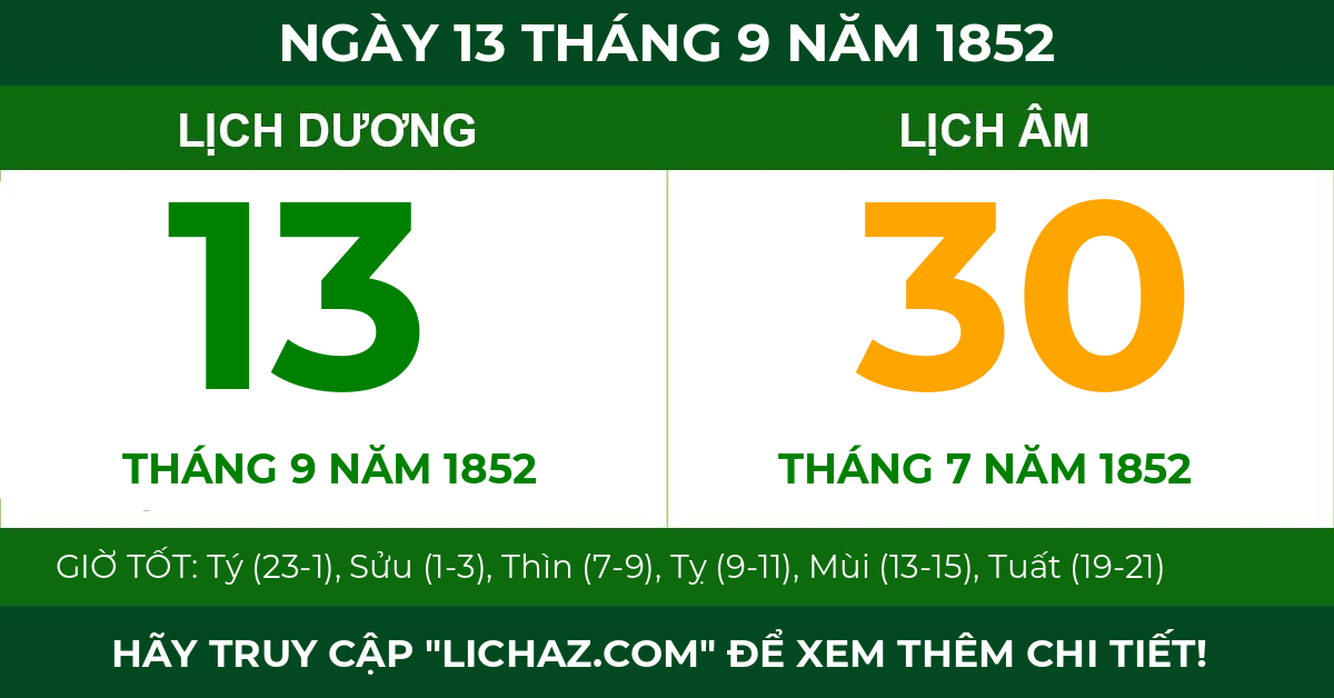 lịch âm ngày 13 tháng 9 năm 1852