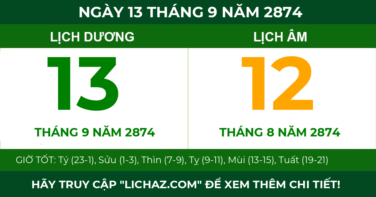 lịch âm ngày 13 tháng 9 năm 2874