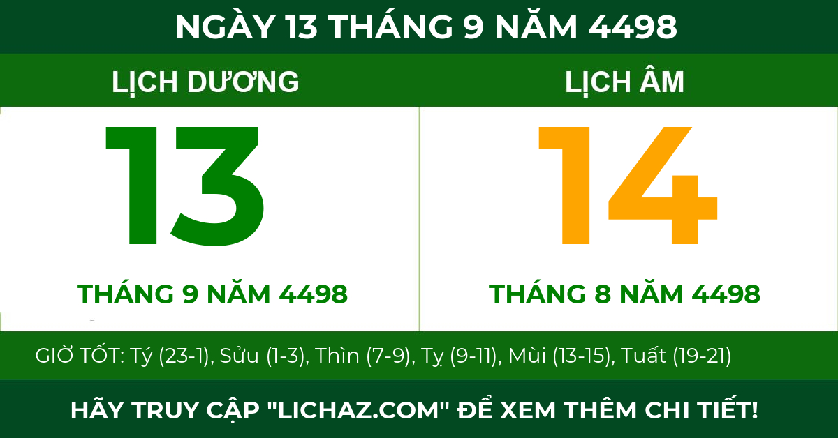 lịch âm ngày 13 tháng 9 năm 4498