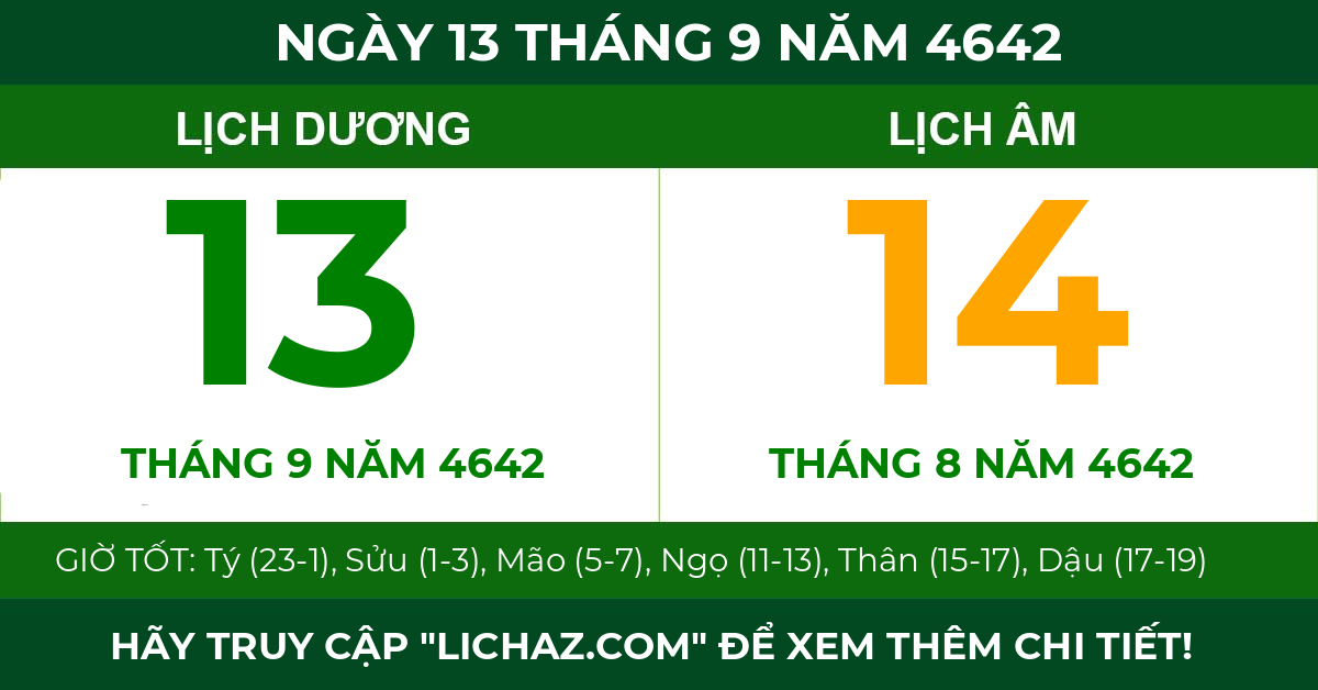 lịch âm ngày 13 tháng 9 năm 4642