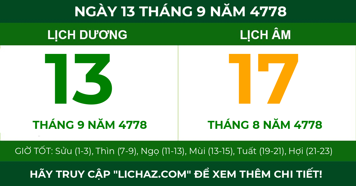 lịch âm ngày 13 tháng 9 năm 4778