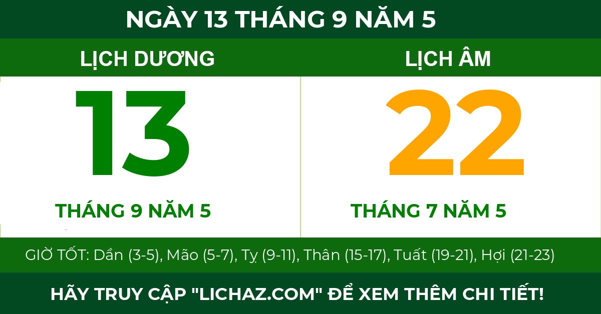 lịch âm ngày 13 tháng 9 năm 5