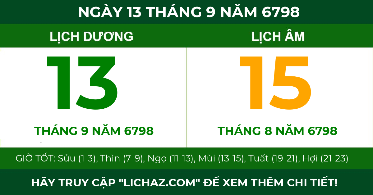 lịch âm ngày 13 tháng 9 năm 6798