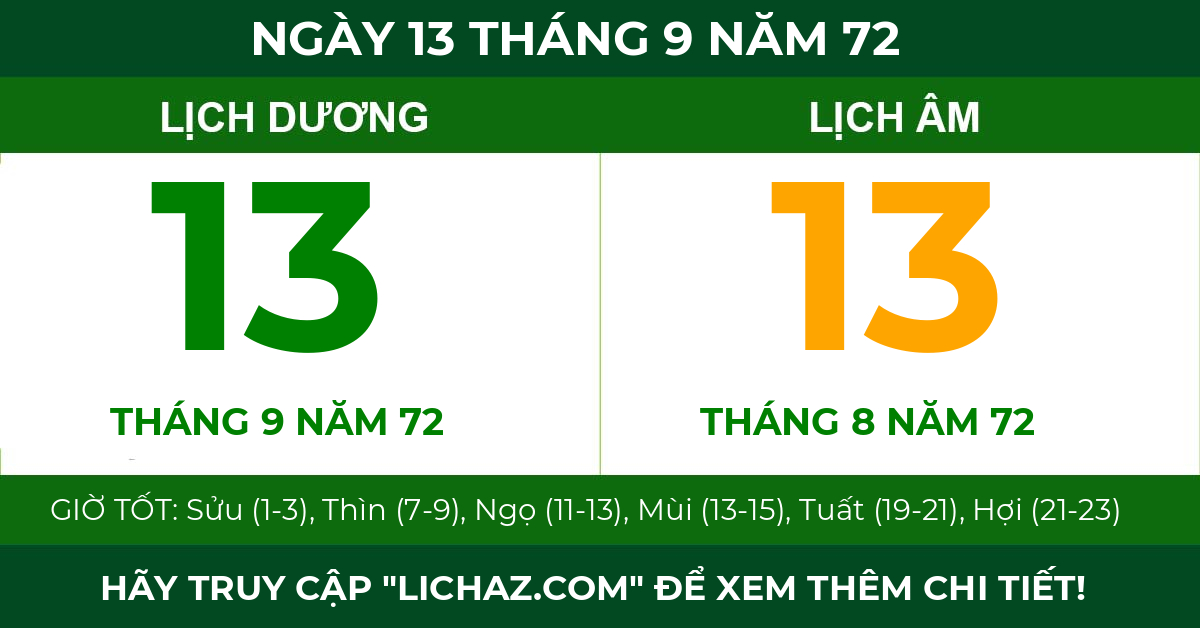 lịch âm ngày 13 tháng 9 năm 72