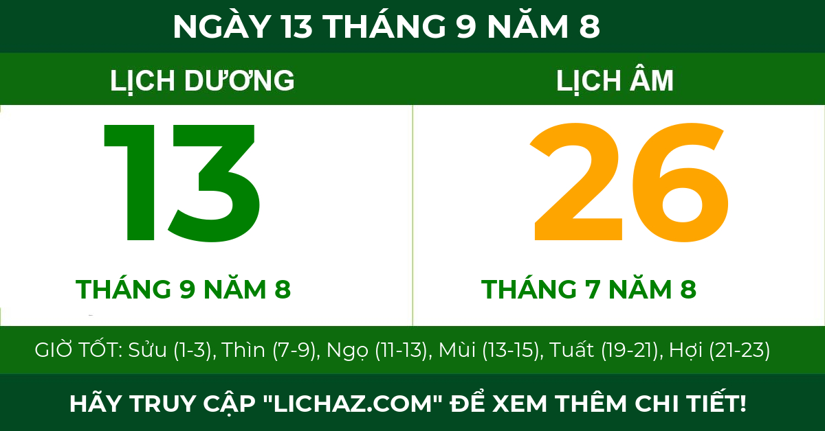 lịch âm ngày 13 tháng 9 năm 8
