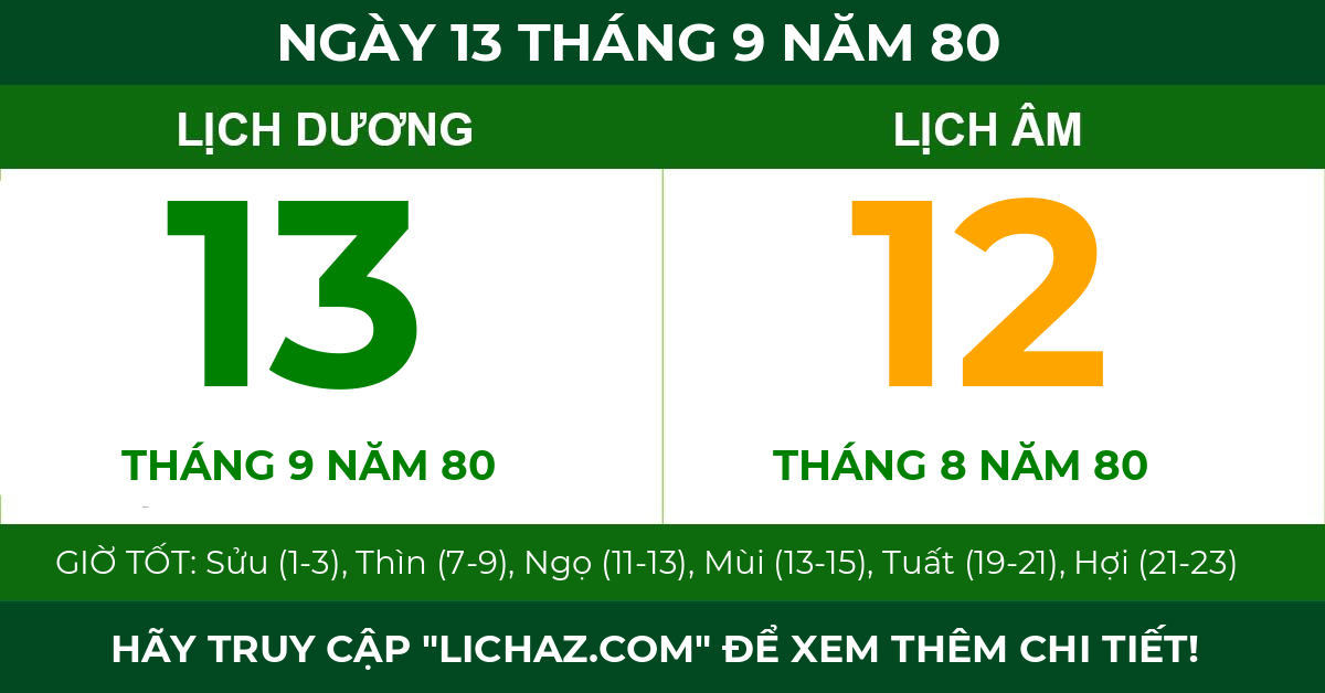 lịch âm ngày 13 tháng 9 năm 80