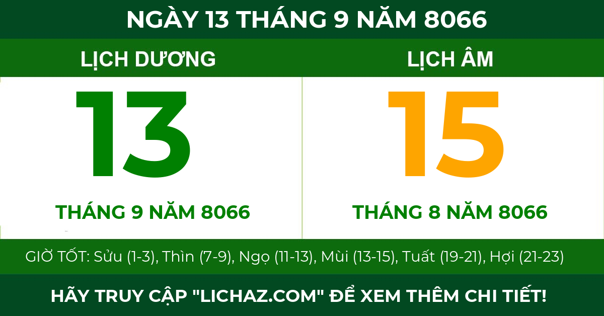 lịch âm ngày 13 tháng 9 năm 8066