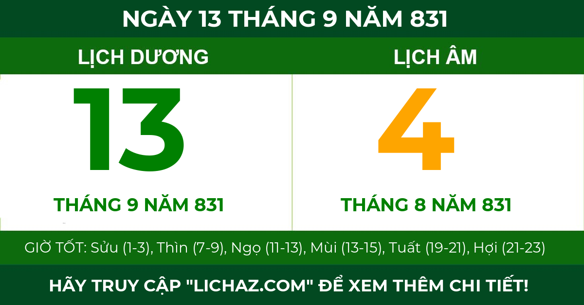 lịch âm ngày 13 tháng 9 năm 831