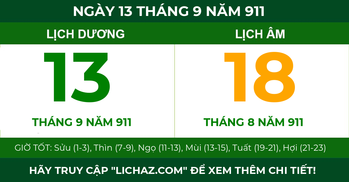 lịch âm ngày 13 tháng 9 năm 911