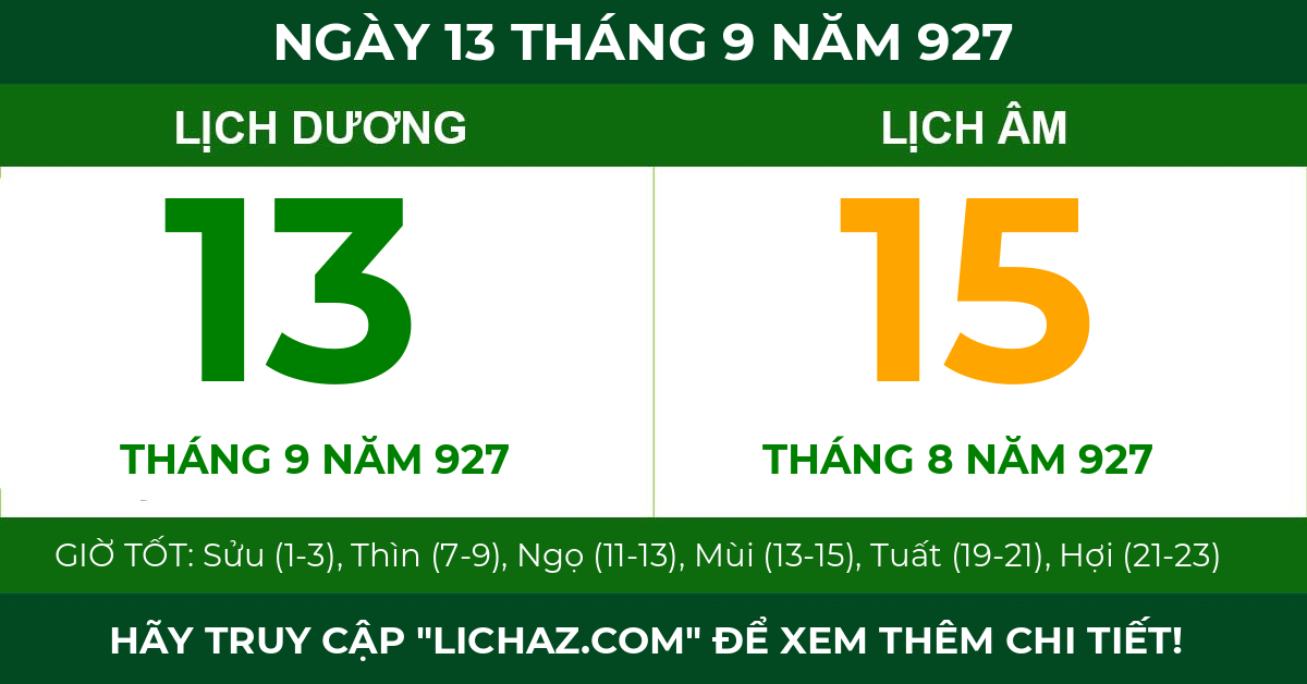 lịch âm ngày 13 tháng 9 năm 927