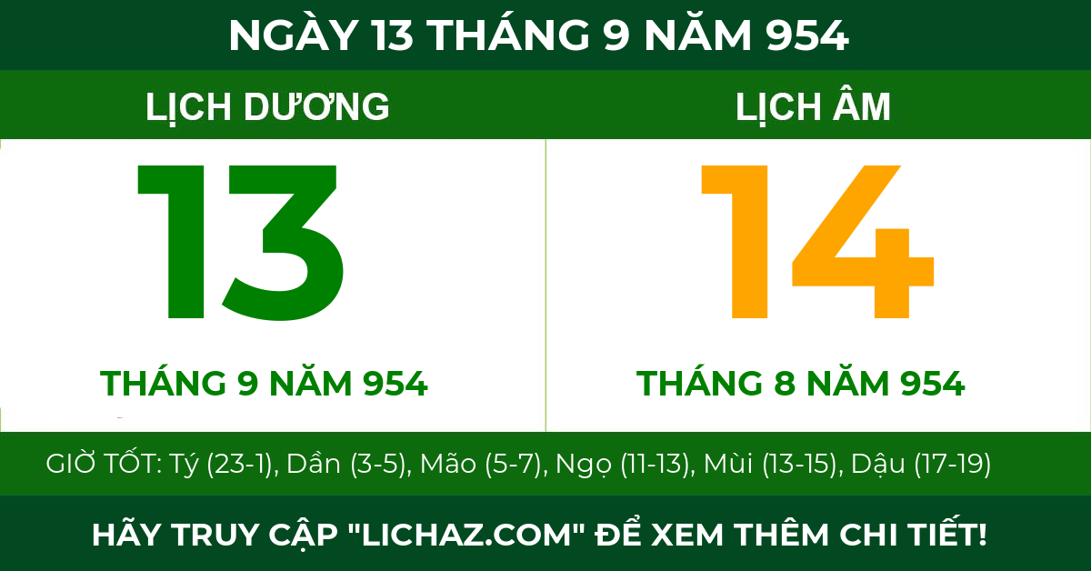 lịch âm ngày 13 tháng 9 năm 954