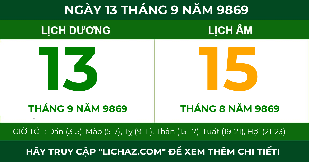 lịch âm ngày 13 tháng 9 năm 9869