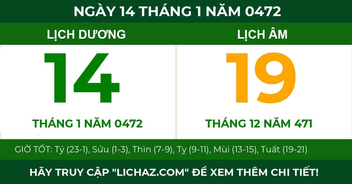 lịch âm ngày 14 tháng 1 năm 0472