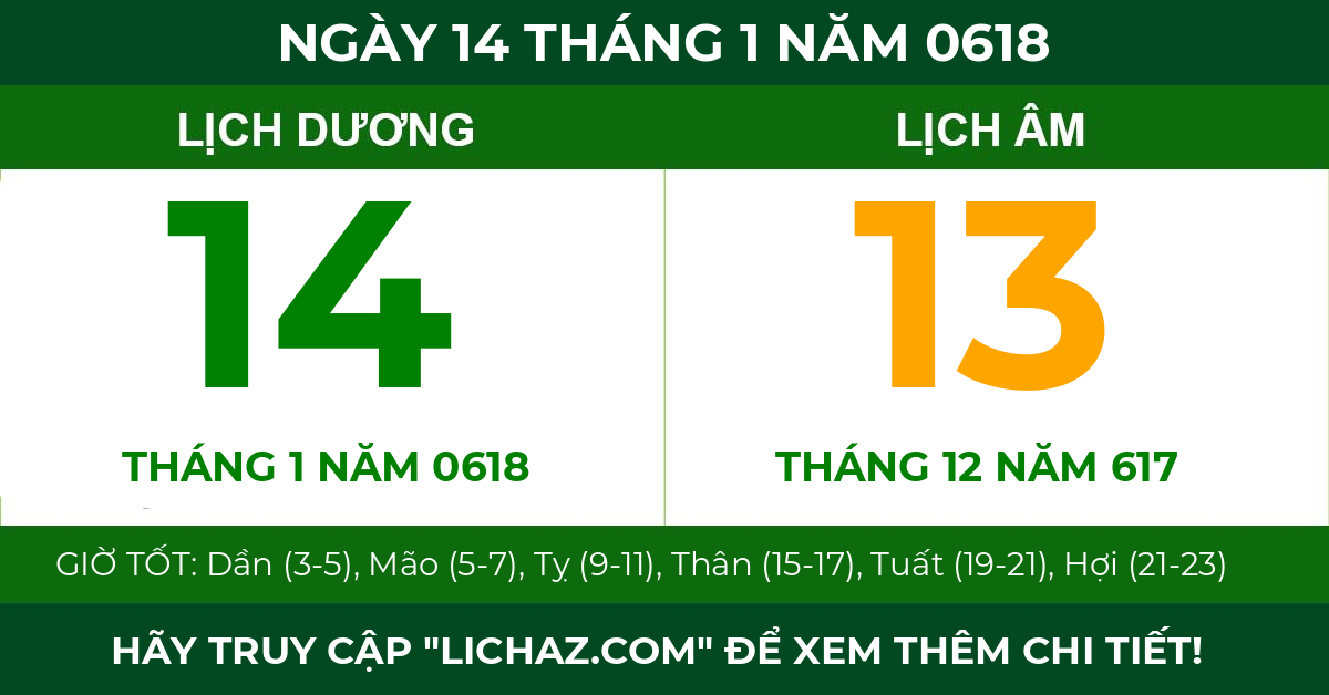 lịch âm ngày 14 tháng 1 năm 0618