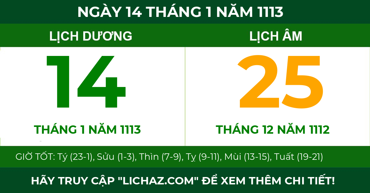 lịch âm ngày 14 tháng 1 năm 1113